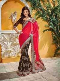 Fancy Designer Stylish Cutwork Patch With Heavy Border Saree-ib-1043-2801 - Georgette, 5.50 Meter Saree, Red And Brown Color | Elegant Bandhani Print, Net Pallu, Unstitched Blouse Fabric