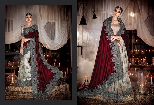 Velvet, Net Partywear Saree - Velvet, Net Fabric, Maroon Color, Gota Blouse | Elegant Design, Lace Embellishments, Stylish Drape, Comfortable Fit