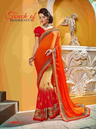 Fancy Designer Stylish Net and Heavy Cutwork Border Saree-IB-1043-2807 - Georgette Fabric, 5.5m Size, Orange Color, Bollywood Style, Embroidered Pattern, Party Wear