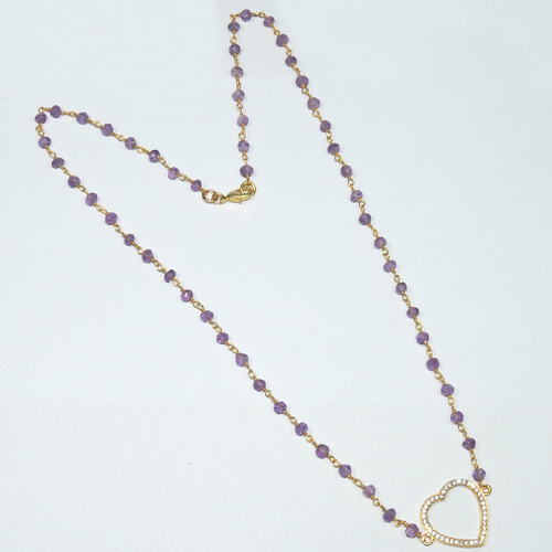 Amethyst With Cz 925 Sterling Silver Necklace - 18-24 Inches, Purple, Heart Pendant, Lobster Clasp