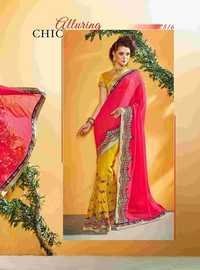 Fancy Designer Stylish Jari Embroidery With Cutwork Saree - Georgette Pallu, Sattin Body, 5.50 Meter Length, Blouse 0.75 Meter | Bollywood Style, Dry Clean Only, Available In Pink And Yellow