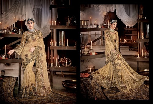 Net, Banarasi Brocket, Designer Saree - Beige, Net Fabric, Banarasi Brocket Blouse, Embroidery, 5.5 Meters, Party/Wedding