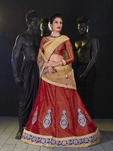 Designer Lehenga - Net Fabric, Size L/XL/XXL/XXXL | Red & Golden Embroidered, Anti-Wrinkle, Breathable, Trendy Ethnic Wear