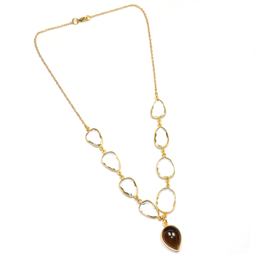 Smoky Quartz With Crystal 925 Sterling Sliver Bezel Necklace Jewelry