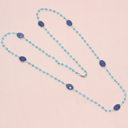 Lapis Lauzil With Turquoise 925 Sterling Sliver Beaded Necklace