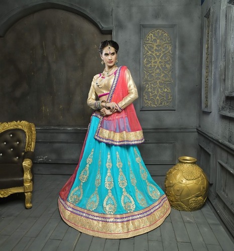 Bridal Lehenga - Net Fabric, Available in M to XXXL Sizes | Light Blue & Peach Embroidery, Breathable & Washable Design