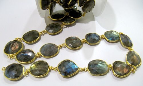 Natural Labradorite faceted Bezel Connector Chain 12 to 15mm Sold Per Foot