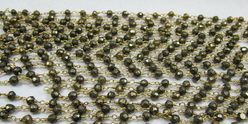 Natural Pyrite Roundelle Faceted 3-4mm Beaded Rosary Chain sold per foot