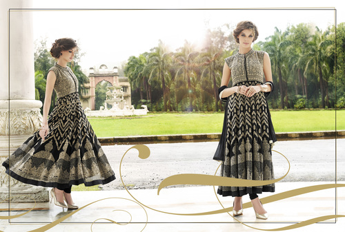 Georgette Fancy Anarkali Suit - Georgette Top 50 Inch, Santoon Bottom 45 Inch, Chiffon Dupatta 2.25 Meters Black, Embroidered Design, Comfortable Fit