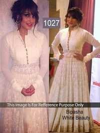 Indian Bollywood Replica Exclusive Designer Party Wear White Anarkali Suit - Georgette Fabric, Semi Stitch Size (L, M, S, XL, XXL) | Full Sleeves, Embroidery Work, Dry Clean Only