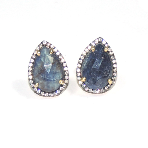 Blue Sapphire with CZ 925 Sterling Silver Stud Jewelry - 10x8 mm, Pear Shape, Blue, Silver Finish, Elegant Design