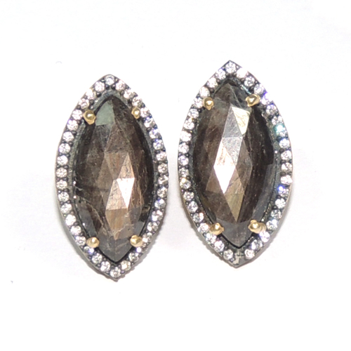 Multi Sapphire with Cz 925 Sterling Silver Studs - 10x7 mm, Oxidized Silver Pear Shape, Multicolor Stones