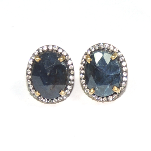 Blue Sapphire With CZ 925 Sterling Sliver Stud
