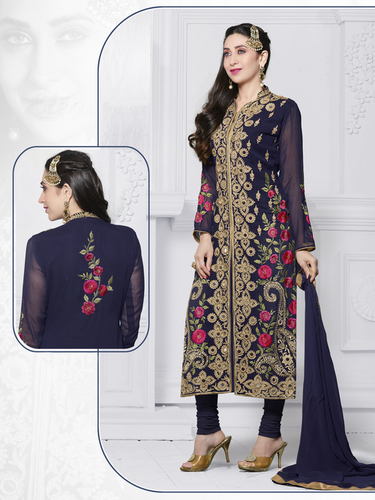 Navy Blue Designer Salwar Suit - Faux Georgette Top, Santoon Bottom & Dupatta, Floral Embroidery, Elegant Design, Comfortable Fabric, Perfect Fit
