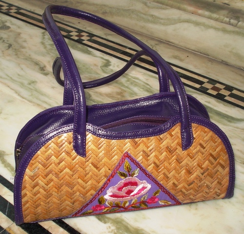 Fancy Jute Bag - Jute Leather, 10x8x4 Inches, Purple, Zipper Closure | Embroidered, Durable, Lightweight, Double Handles, Eco-Friendly
