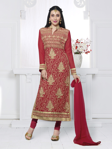 Red Beautiful Salwar Suit - Faux Georgette Top, Santoon Bottom & Dupatta, Elegant Embroidery, Comfortable Fit