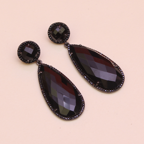 Black Onyx with Cz 925 Sterling Silver Earring - 25-35mm, Pear Shape, Rhodium Plated, Elegant Design