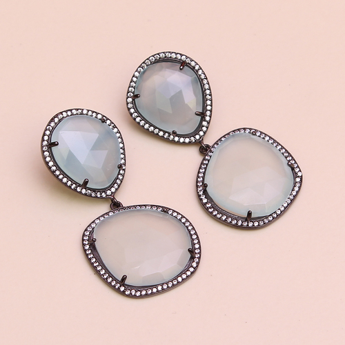 Peru Chalcedony with Cz 925 Sterling Silver Earring - 20x15 mm, Oxidized Silver, Elegant Design, Gemstone Accent