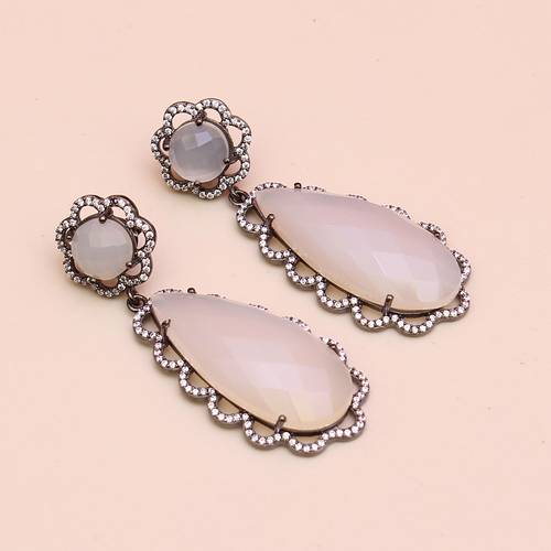 Grey Chalcedony With Cz 925 Sterling Sliver Earring Jewelry