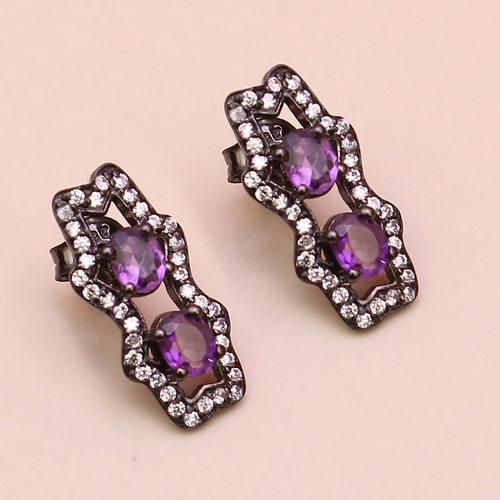 Amethyst With Cz 925 Sterling Sliver Stud Jewelry