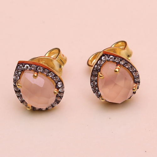Pink Chalcedony With Cz 925 Sterling Silver Studs Jewelry - 8x6 mm, Pear Shape, Gold Plated, Elegant Design