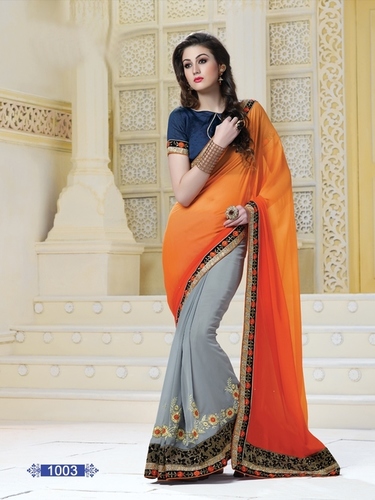 Designer Embroidery Saree - Georgette Fabric, Grey and Orange Colors, Unstitched with Elegant Embroidered Designs for All Seasons