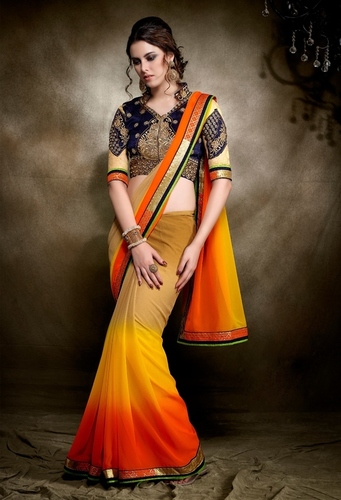 Orange And Yellow Party Wear Saree