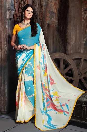 Sky Blue And White Printed Georgette