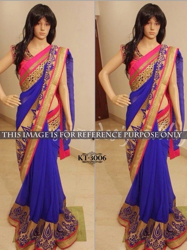 Fancy Designer Exclusive Party Wear Saree - Georgette Fabric, 5.50 Meter Size, Blue and Golden Color with Multicolored Thread Work, Bollywood Style