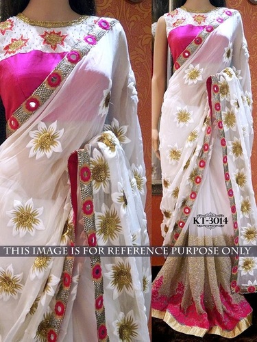 Exclusive Party Wear Saree - Georgette 5.50 Meters, Off White and Pink with Thread and Sequin Embroidery | Bollywood Style, Elegant Patch Border Design