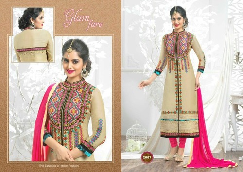 Gunjan Cotton Embroidery Suit - Glace Cotton Fabric, Beige, Chiffon Dupatta | Detailed Embroidery, Comfortable Wear, Elegant Look