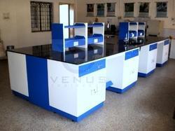 Customised Island Table - Steel Alloy, Granite Top, 2400x1500x900 mm, Blue | Chemical Resistant, Electrical Sockets, PVC Racks
