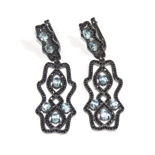 Blue Topaz With Black Cz 925 Sterling Sliver Earring Jewelry