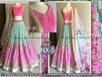 Fancy Designer Stylish Latest Pink And Green Lehenga - Net Fabric With Banarasi Silk Blouse, Semi Stitched, Embroidered Pattern, Sleeveless Style