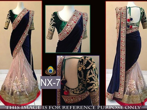 Fancy Designer Stylish Latest Royal Black Saree - Velvet Pallu, Net Body, 5.50 Meter Length, Thread & Hand Work | Party Wear, Embroidered Pattern, Lahenga Style