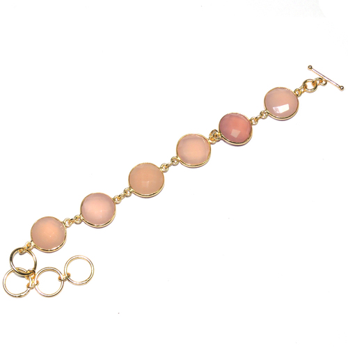 Pink Chalcedony 925 Sterling Silver Bracelet - 7-8 Inches, Toggle Clasp | Elegant Design, Round Pink Chalcedony Stone, Durable Material