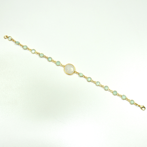 Rainbow Moon Stone with Peru Chalcedony 925 Sterling Sliver Bracelet Jewelry