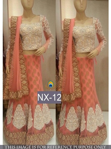 Fancy Designer Stylish Latest Lehenga - Net Fabric with Raw Silk Blouse, Peach and Golden Embroidered Design | Semi-Stitched, Hand and Sequence Work, Dry Clean Only