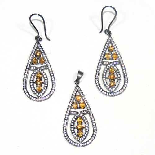 Citrine Topaz With Cz 925 Sterling Sliver Jewelry Set
