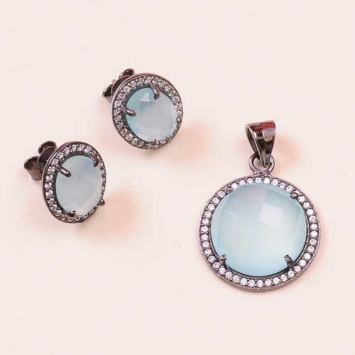 Peru Chalcedony with Cz 925 Sterling Sliver Jewelry Set