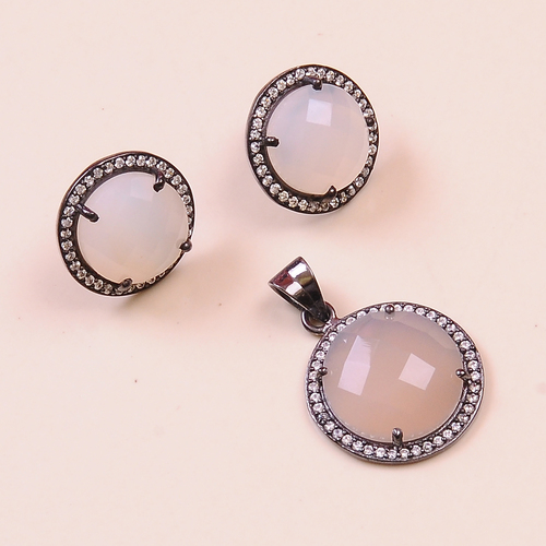 Gray Chalcedony With Cz 925 Sterling Sliver Jewelry Set