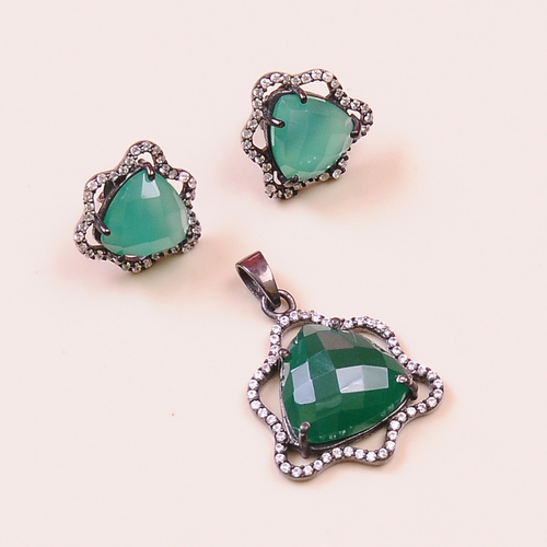 Green Onyx With Cz 925 Sterling Silver Jewelry Set