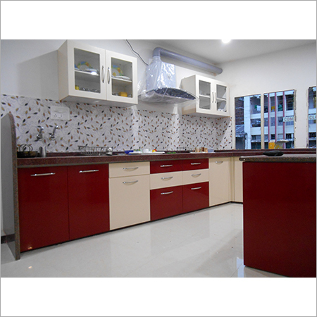 Wooden Modular Kitchen - Wood & Laminate, Variable Dimensions, Red | Customizable, Durable, Modern Look, Organized Storage, Pest Resistant, Stylish Design, Glossy Finish