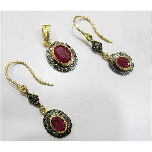 Silver Diamond Ruby Pendant Set