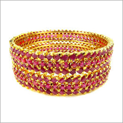 Gold Plated Bangles - 2.5-3 Inch Diameter, 0.5 Micron Plating, Synthetic Ruby Inlay | Elegant Design, Durable Material