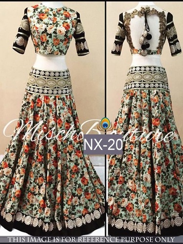 Fancy Designer Stylish Latest Lehenga - Net & Banarasi Silk Fabric, Semi Stitched, Multi Color with Velvet Blouse & Thread Sequins Work | Party Wear, Short Sleeves, Dry Clean Only