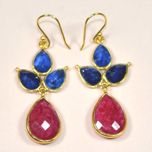 Dyed Ruby With Blue Sapphire 925 Sterling Sliver Earring Jewelry