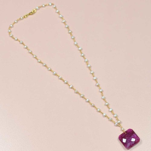 Pearl With Dyed Ruby 925 Sterling Sliver Beaded Necklace Jewelry