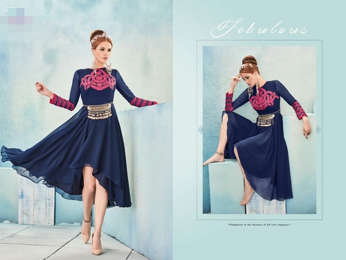 Latest Kurtis - Cotton Blend, 44 Inch, Navy Blue | Embroidered, Stylish Design, Comfortable Fabric, Elegant Look, Perfect Fit, Trendy Style, Durable Material, Versatile Wear, Round Neck, Long Sleeves, Sizes S-XL