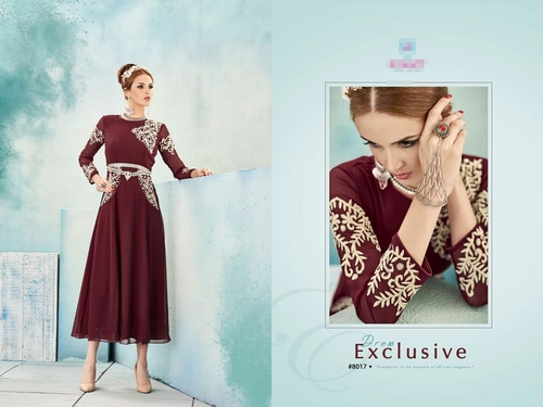 Latest Kurti - Georgette, Knee-Length, Maroon | Hand-Embroidered Floral, Elegant Design, Comfortable Fit